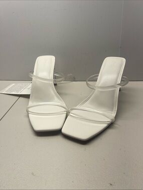 The Drop White Square-Toe Slide Sandals with Clear Straps. NWT
